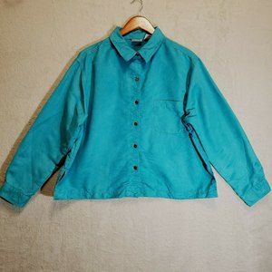Women's Chico's Turquoise Button Up Top Size 3 Faux Suede Jacket Cover Crop Blue